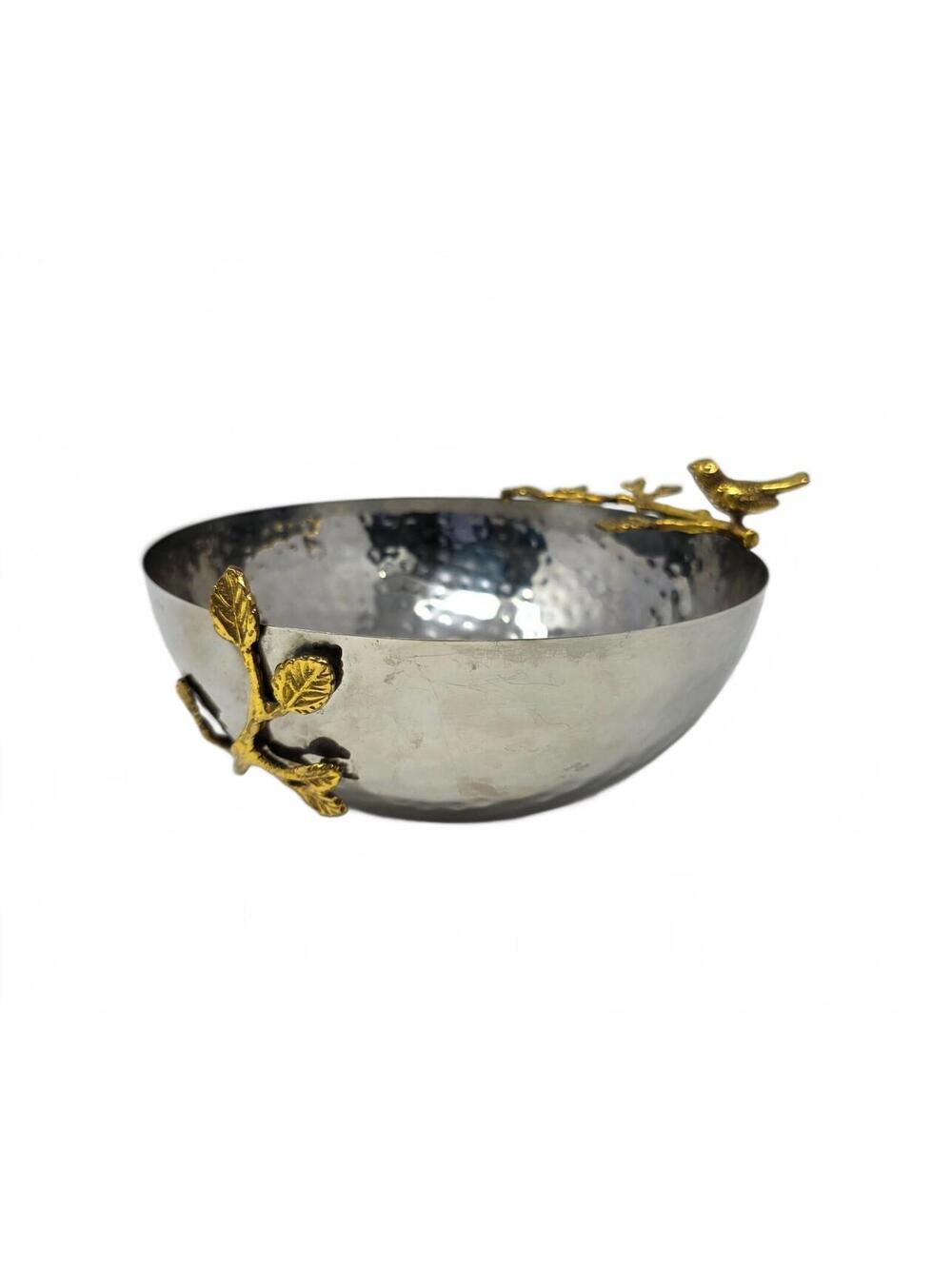 Silver Tone Metal Bowl With Gold Bird and Branch, Woodland Centerpiece Decor